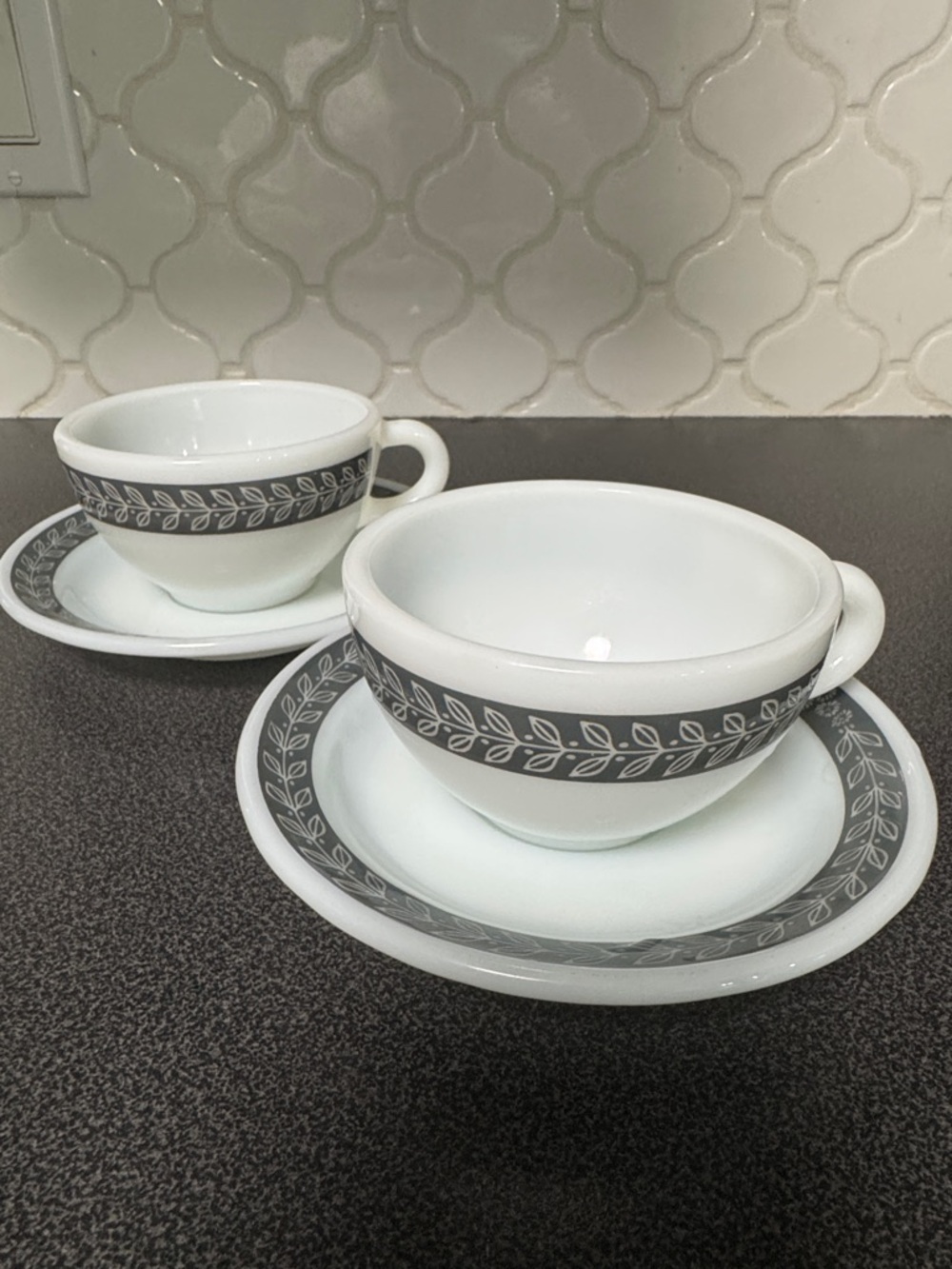 Ceramic Tea Cup & Saucer Set with Gray Leaf Border by Anchor Hocking